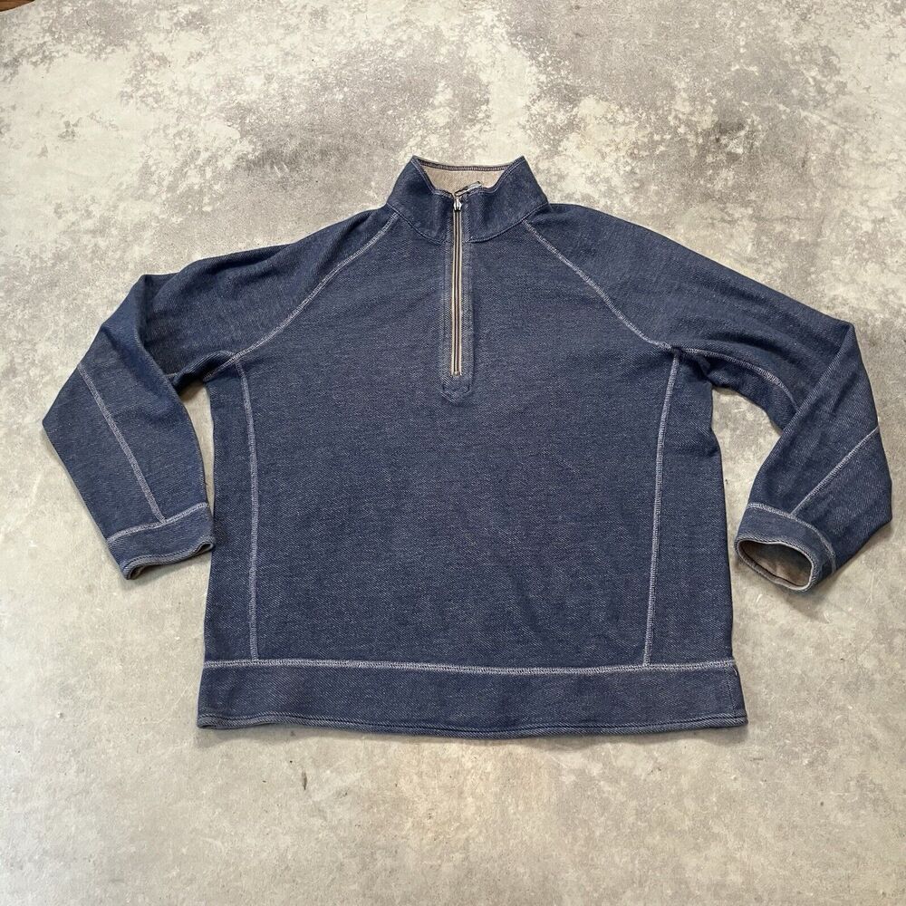 Tommy Bahama Sweater Mens Medium Blue Tan Reversible Pullover Cotton Blend